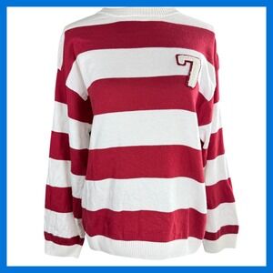 Zara Striped Knit Sweater Red White Number 7 Applique Preppy Collegiate Pullover